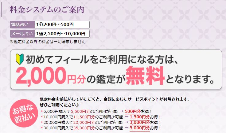 電話占いフィールの料金についてのスクショ画像