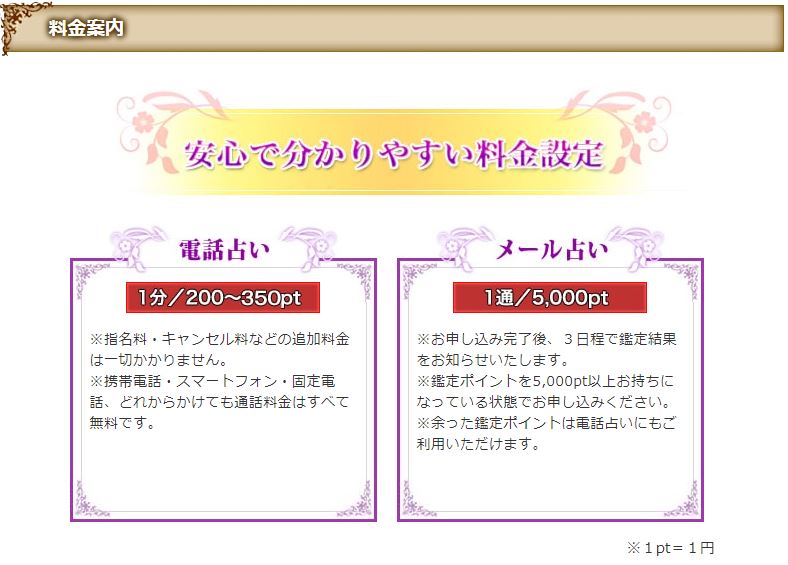電話占いリエル公式サイトの料金ページのスクショ画像