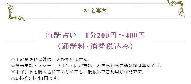 電話占いラフィネ公式サイトの料金についてのスクショ画像