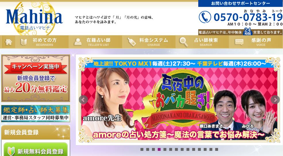 電話占いマヒナ公式サイトの料金についてのスクショ画像